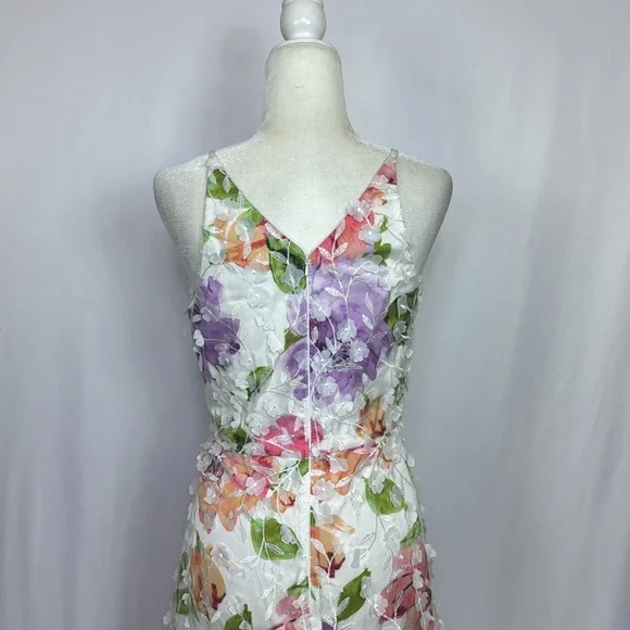 Xscape 3D-Appliqué Floral-Print Gown Size 4 White‎ Pink Formal Evening Dress Maxi